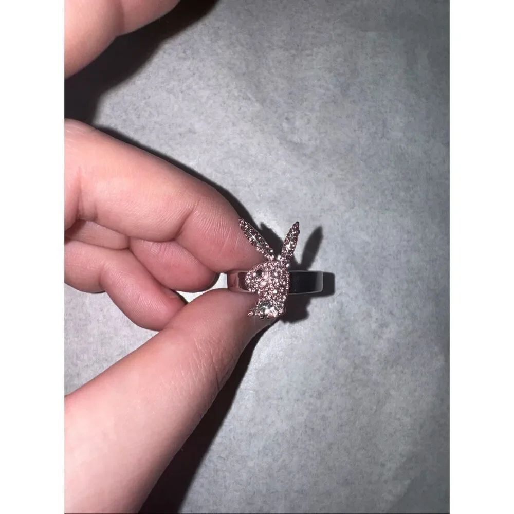 Playboy Pink Rhinestone Logo Ring in Silver